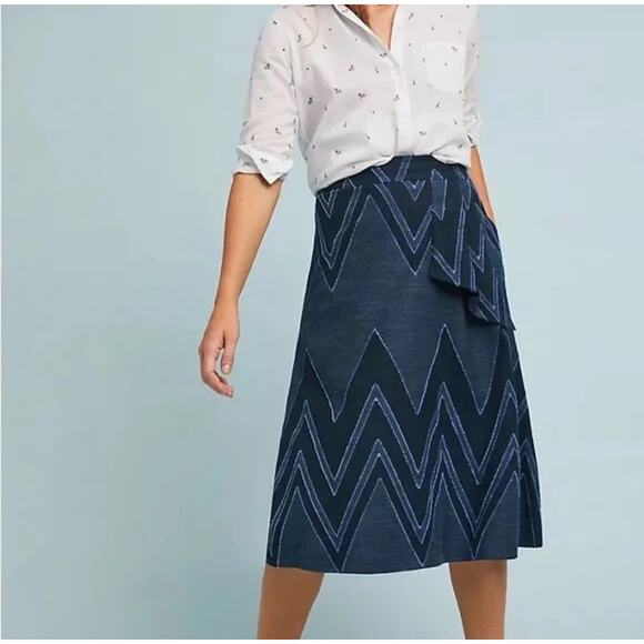 Anthropologie Eva Franco Skirt 6 Blue Textured Chevron Knee Length Boho Party - Picture 11 of 11